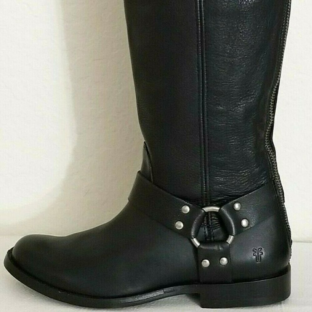 FRYE PHILLIP HARNESS EQUESTRIAN TALL RIDING BOOTS BLACK LEATHER ZIP 6.5 NWT - Picture 6 of 12